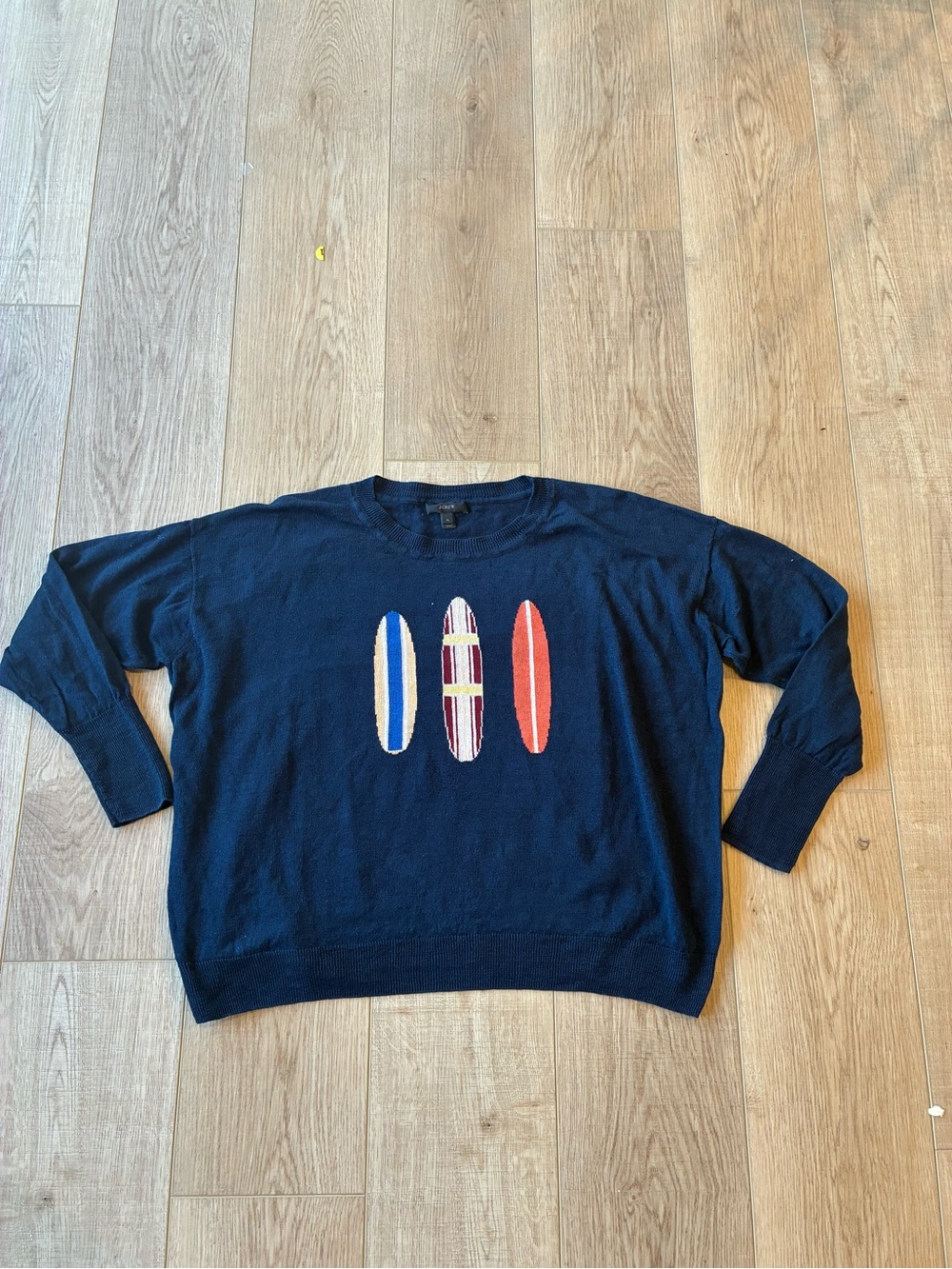 J Crew Coastal Linen Top  Navy XL with Surfboard Motif Long Sleeve